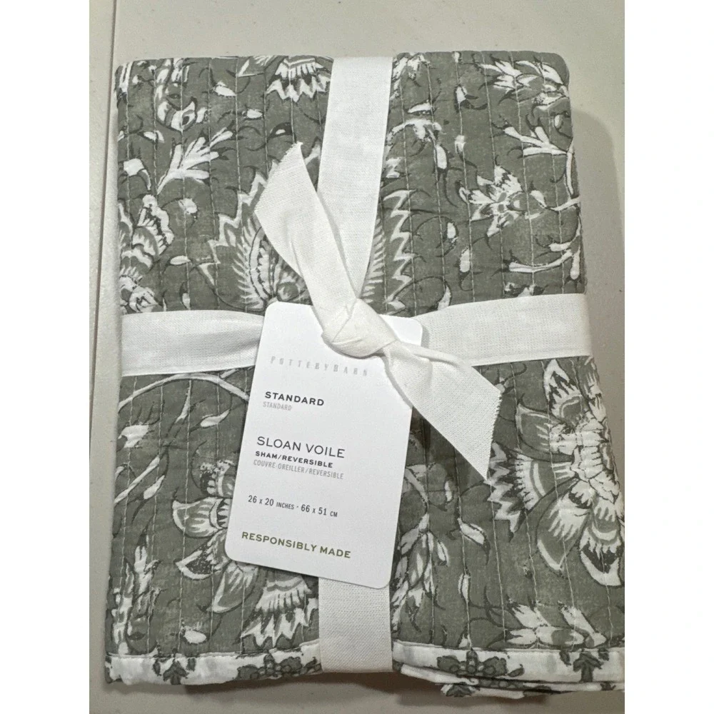 Pottery Barn Sloan Voile Reversible Quilted Sham Standard Eucalyptus Green White